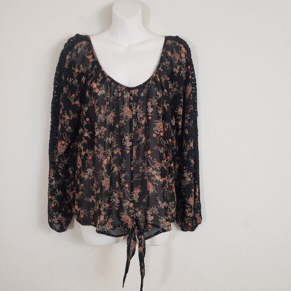 American Rag Cie Women's Top Medium Black Floral Boho Chic Flowy Crochet Tri - Picture 1 of 9